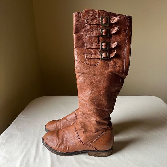 Steve Madden Cognac Leather Knee High Riding Boots Buckle Round Toe Women's 7 - Picture 4 of 9